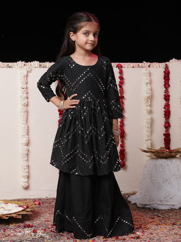 Jashvi Girl's Black Mirror Work Flared Kurta And Long Skirt Set