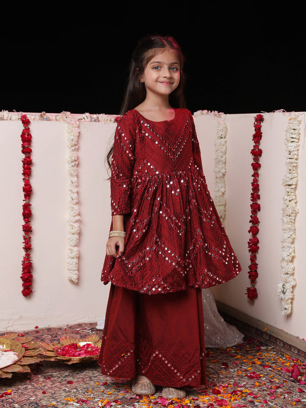 Jashvi Girl's Maroon Mirror Work Flared Kurta Long Skirt Set