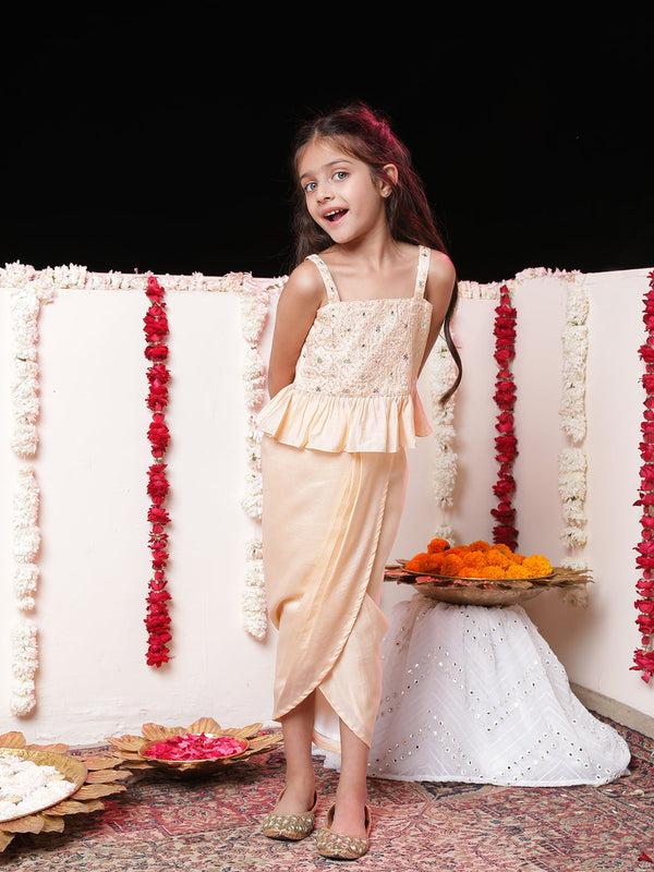 Jashvi Girls' Peach Cotton Blend Embroidered Top With Draped Skirt