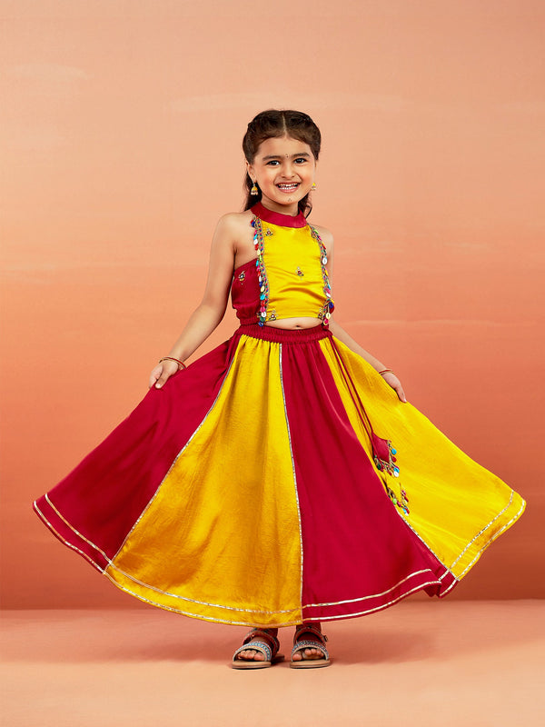 Jashvi Girls' Yellow And Red Lehenga Set