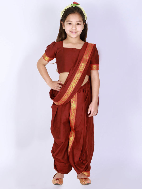 Jashvi Girl's  Maroon Banarasi Border Dhoti Saree Set