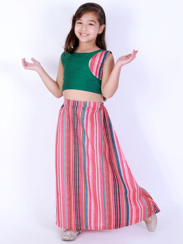 Jashvi Girl's Green Striped Skirt With Green Crop Top