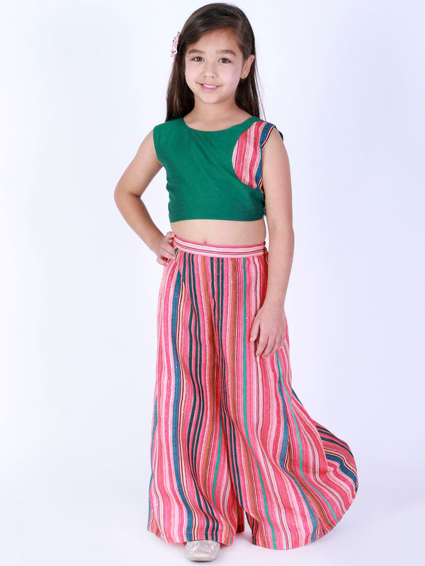 Jashvi Girl's Multicolour Striped Palazzo With Green Crop Top