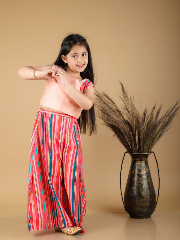 Jashvi Girl's Pink Striped Palazzo With Pink Crop Top