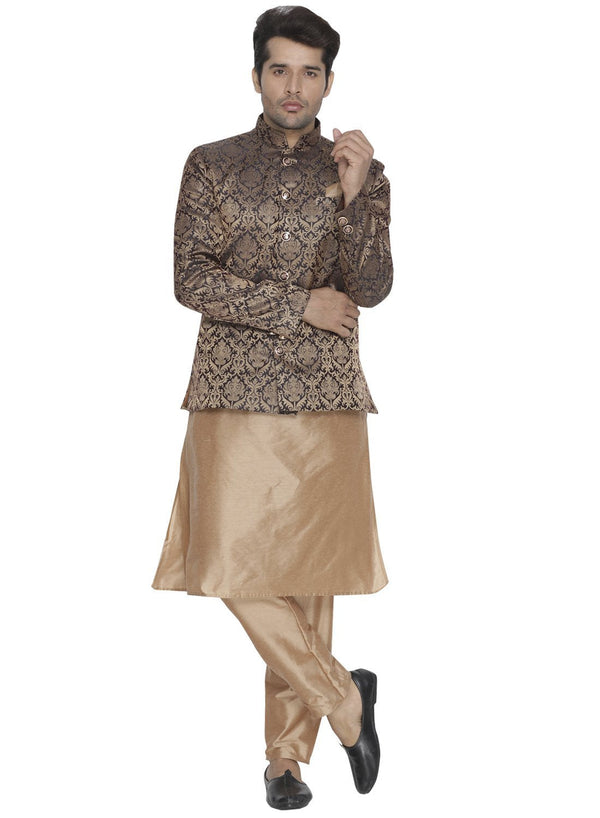 Men's Brown Cotton Silk Blend Kurta, Waistcoat and Breeches Set - Vastramay