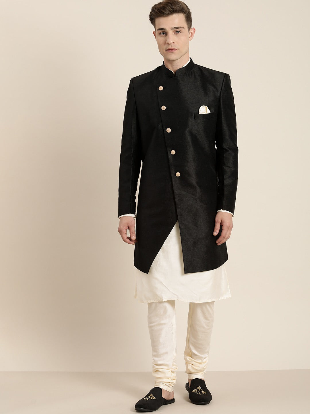 Men's Cream And Black Viscose Ethnic Combo Set - Vastramay