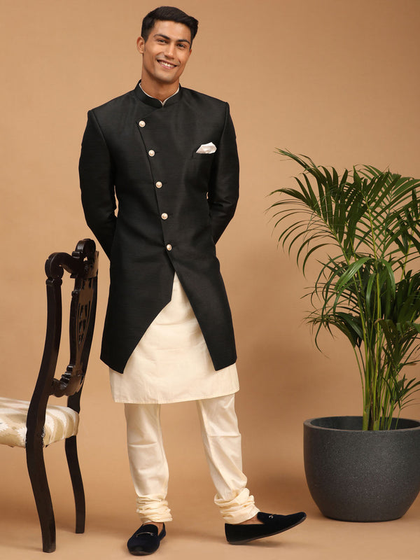 Jashvi Men's Black Angrakha Indo Western Combo Set