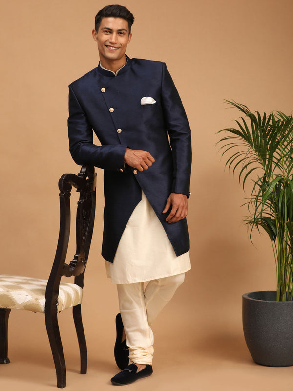 Jashvi Men's Navy Blue Angrakha Indo Western Combo Set