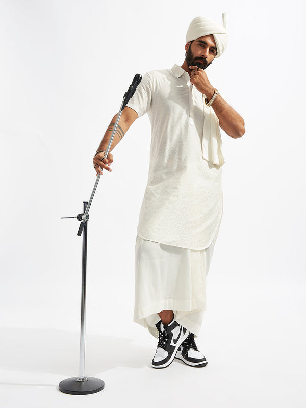 Jashvi Men's White Viscose Kurta Lungi And Safa set