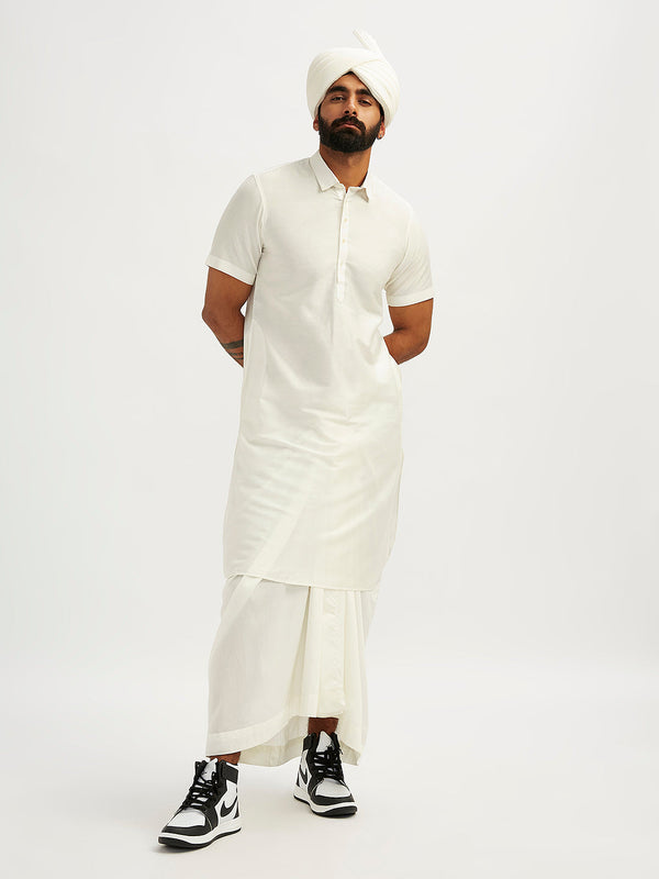 Jashvi Men's White Viscose Kurta Lungi And Safa set