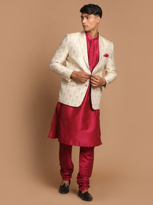 Jashvi Men's Fuchsia & Gold Solid Kurta with Churidar & Woven Blazer