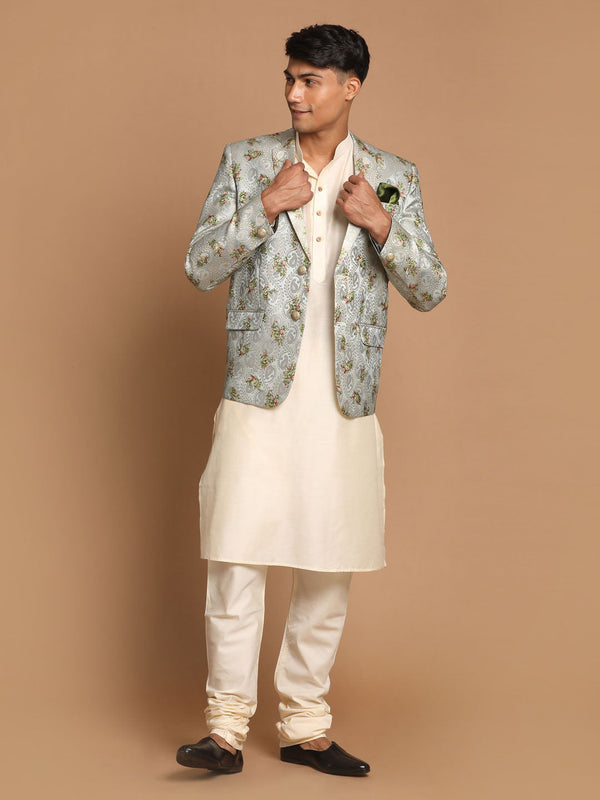 Jashvi Men's Light Green Woven Blazer And Cream Solid Kurta With Pajama Set