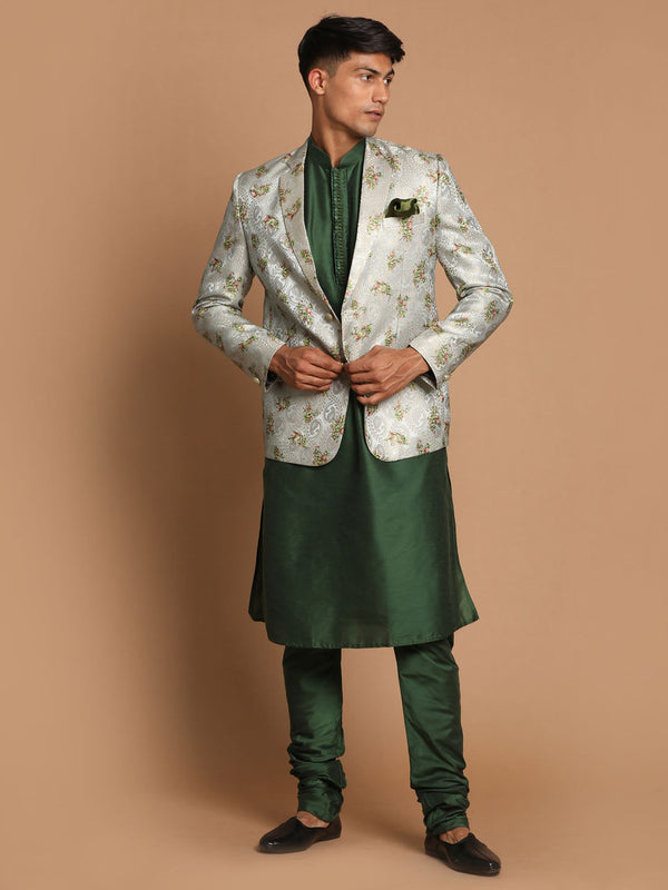 Jashvi Men's Green Silk Blend Woven Blazer And Solid Viscose Kurta With Pajama Set