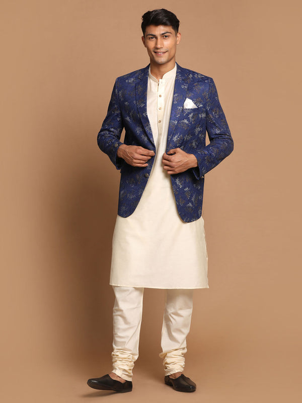 Jashvi Men's Navy Blue Woven Blazer And Cream Solid Kurta With Pajama Set