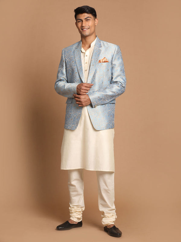 Jashvi Men's Gray Woven Blazer And Cream Solid Kurta With Pajama Set