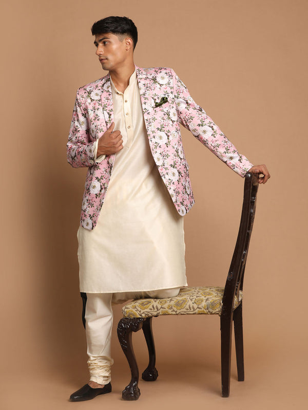 Jashvi Men's Pink Floral Print Blazer And Cream Solid Kurta With Pajama Set