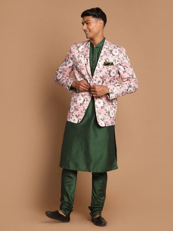 Jashvi Men's Pink Floral Print Blazer And Green Solid Viscose Kurta With Pajama Set