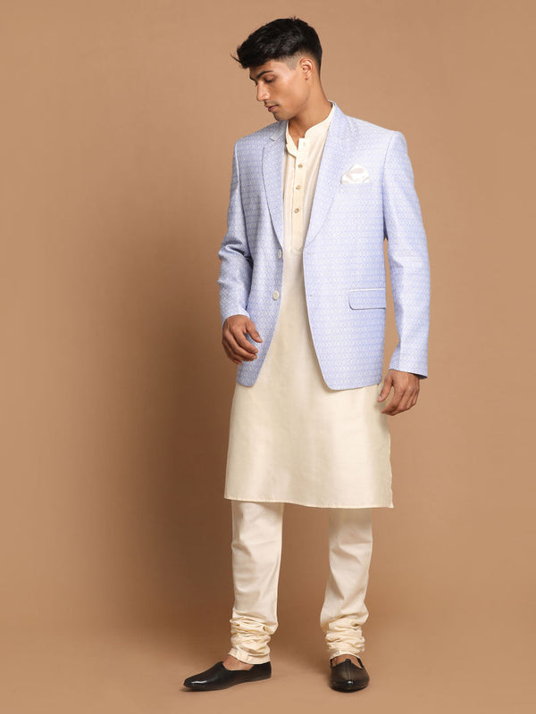 Jashvi Men's Lavender Woven Blazer And Cream Solid Kurta With Pajama Set