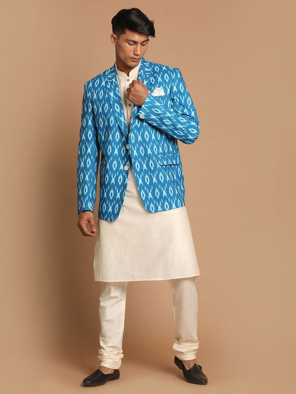 Jashvi Men's Blue Ikkat print Blazer And Kurta Pyjama set