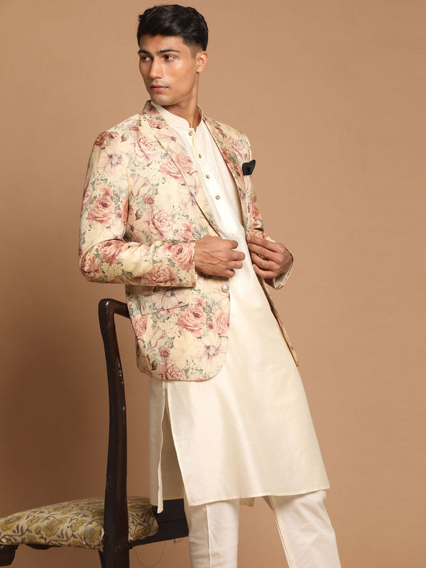 Jashvi Men's Beige Floral Print Blazer And Cream Solid Kurta With Pajama Set