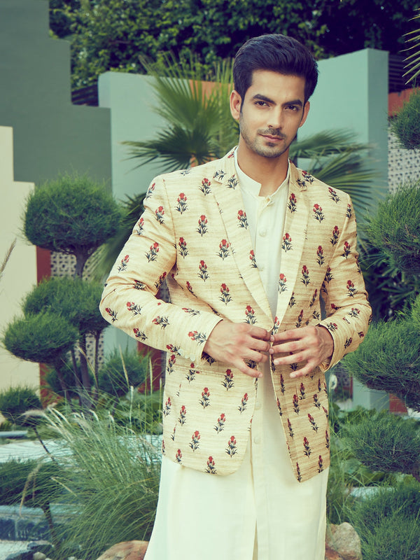 Jashvi Men's Beige Silk Blend Printed Blazer