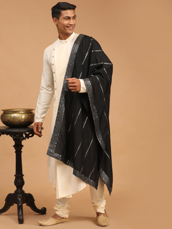 Jashvi Men's Black Viscose Mirror Work Embellished Dupatta