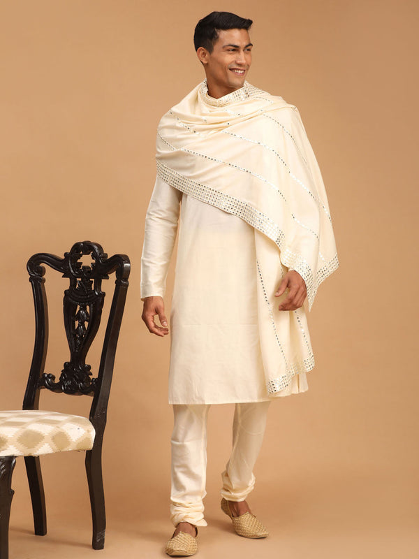 Jashvi Men's Cream Viscose Mirror Work Embellished Dupatta