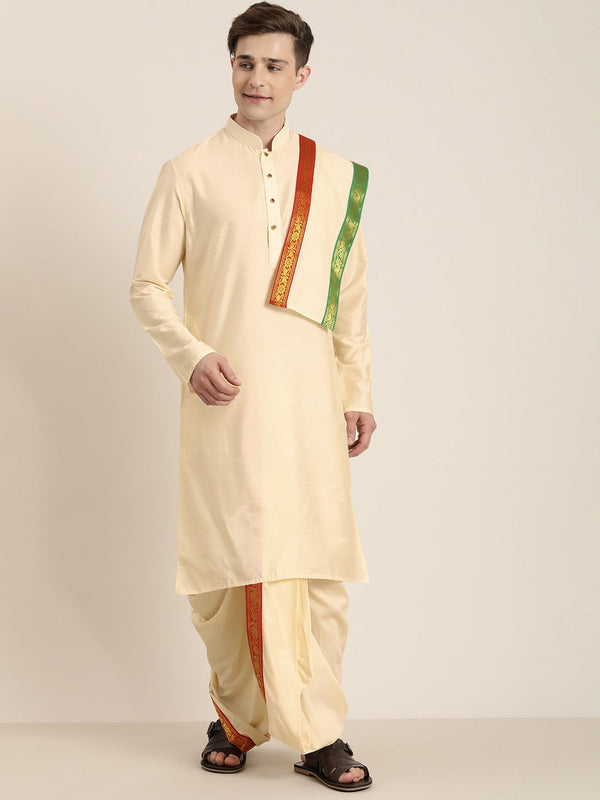 Jashvi Men's Cream Cotton Blend Kurta Dhoti And Dupatta Set