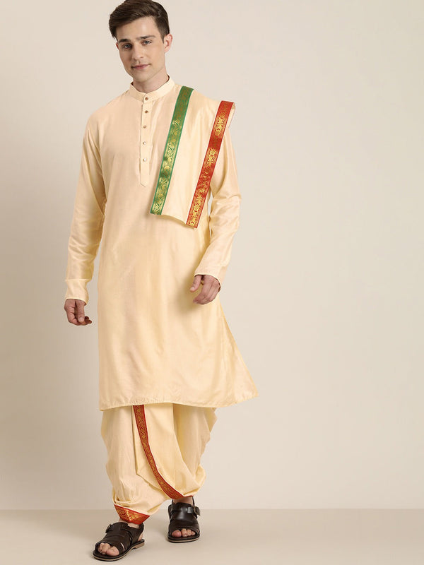 Jashvi Men's Rose Gold Cotton Blend Kurta Dhoti And Dupatta Set