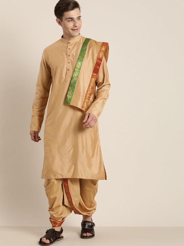 Jashvi Men's Rose Gold Cotton Blend Kurta Dhoti And Dupatta Set