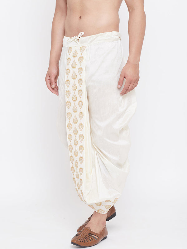 Jashvi Men's Cream Silk Blend Embroidered Dhoti