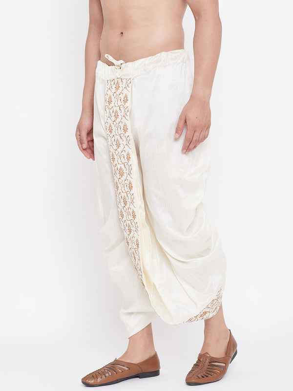 Jashvi Men's Cream Silk Blend Embroidered Dhoti