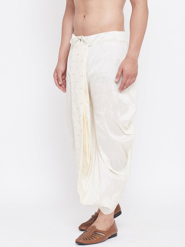 Jashvi Men's Cream Silk Blend Embroidered Dhoti