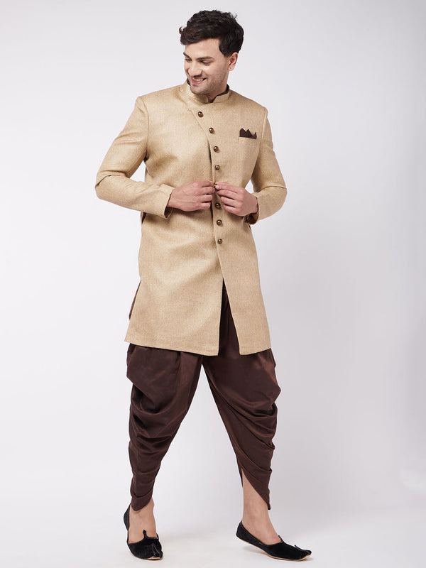 Jashvi Men's Beige And Coffee Brown Jute Cotton Indo Western Set