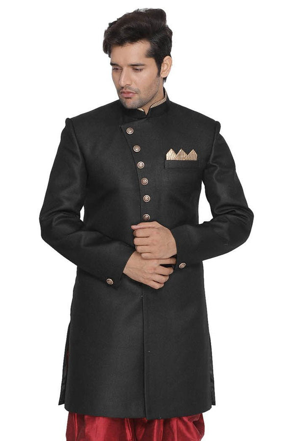 Men's Black Silk Blend Sherwani Only Top - Vastramay