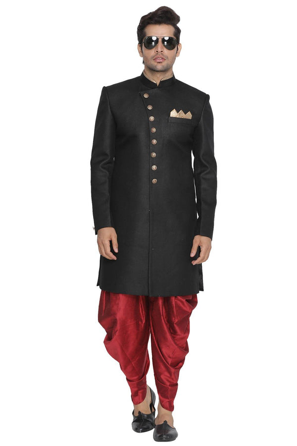 Men's Black Jute Cotton Blend Sherwani Set - Vastramay