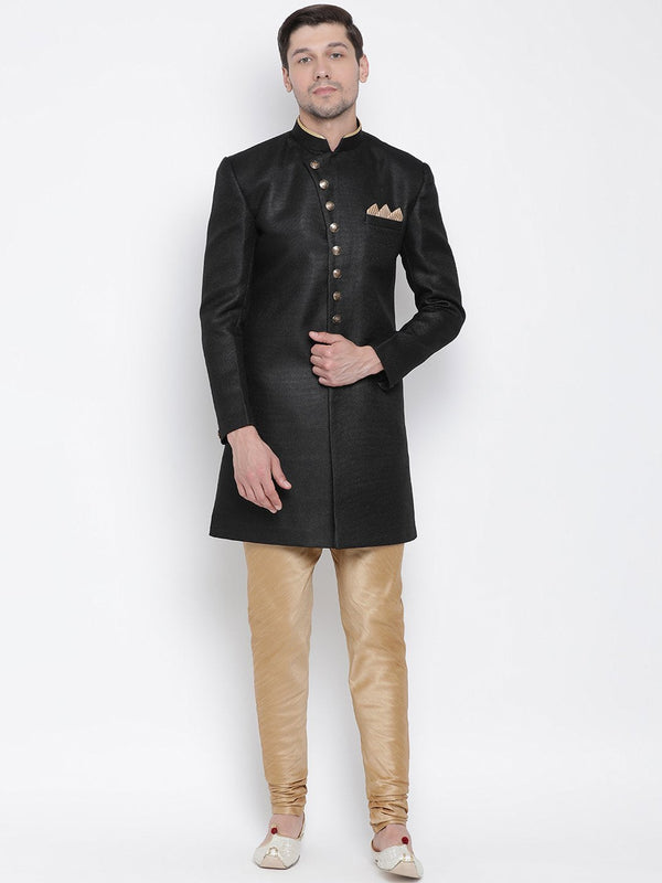 Men's Black Silk Blend Sherwani Set - Vastramay