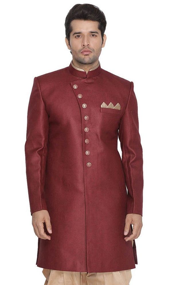 Men's Maroon Silk Blend Sherwani Only Top - Vastramay