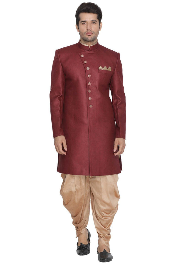 Men's Maroon Jute Cotton Blend Sherwani Set - Vastramay