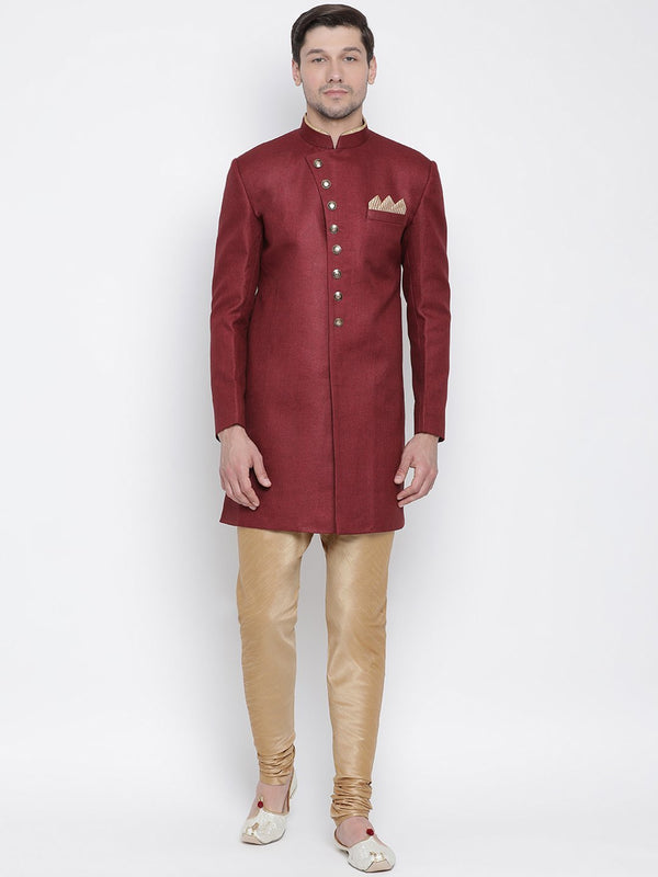 Men's Maroon Silk Blend Sherwani Set - Vastramay