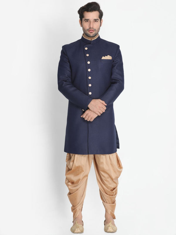 Men's Dark Blue Silk Blend Sherwani Set - Vastramay