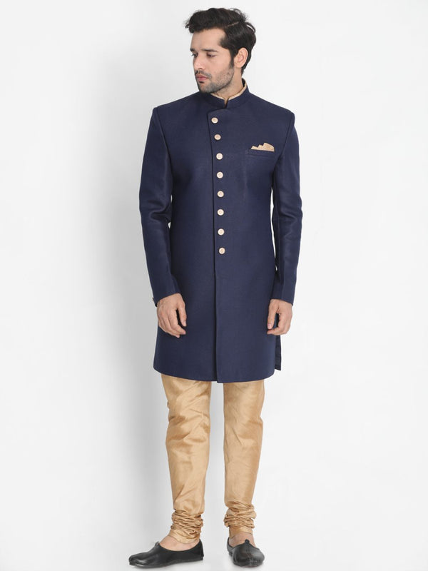 Men's Dark Blue Silk Blend Sherwani Set - Vastramay