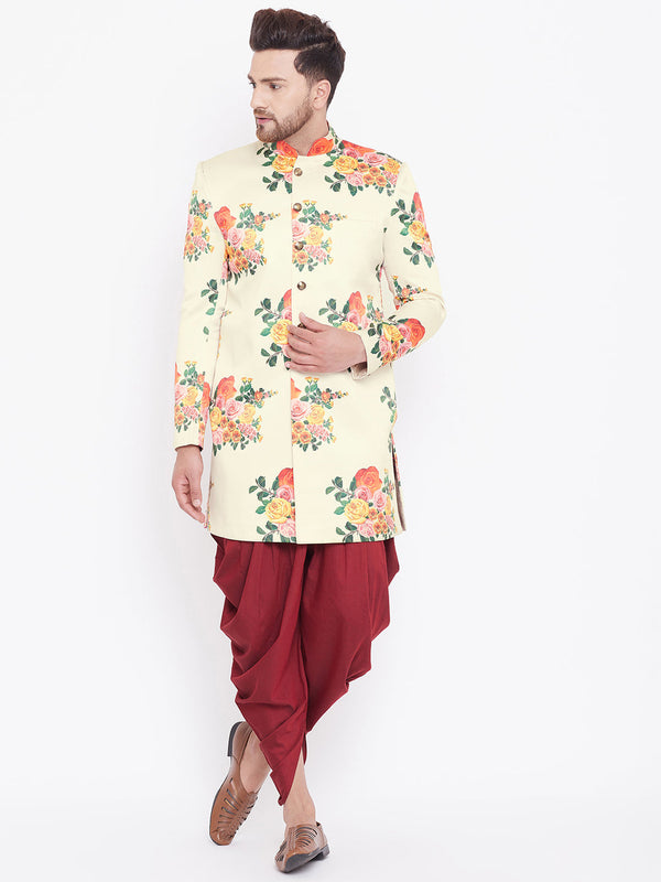 Jashvi Men's Floral Printed Multicolor-Base-Cream And Maroon Silk Blend Sherwani Set