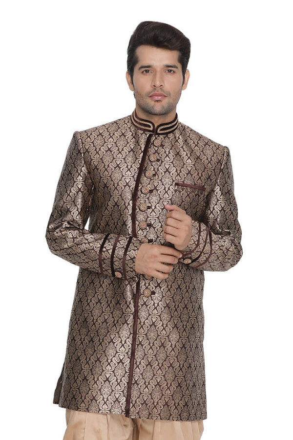 Jashvi Men's Brown Silk Blend Sherwani Top