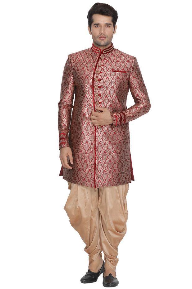 Men's Maroon Cotton Silk Blend Sherwani Set