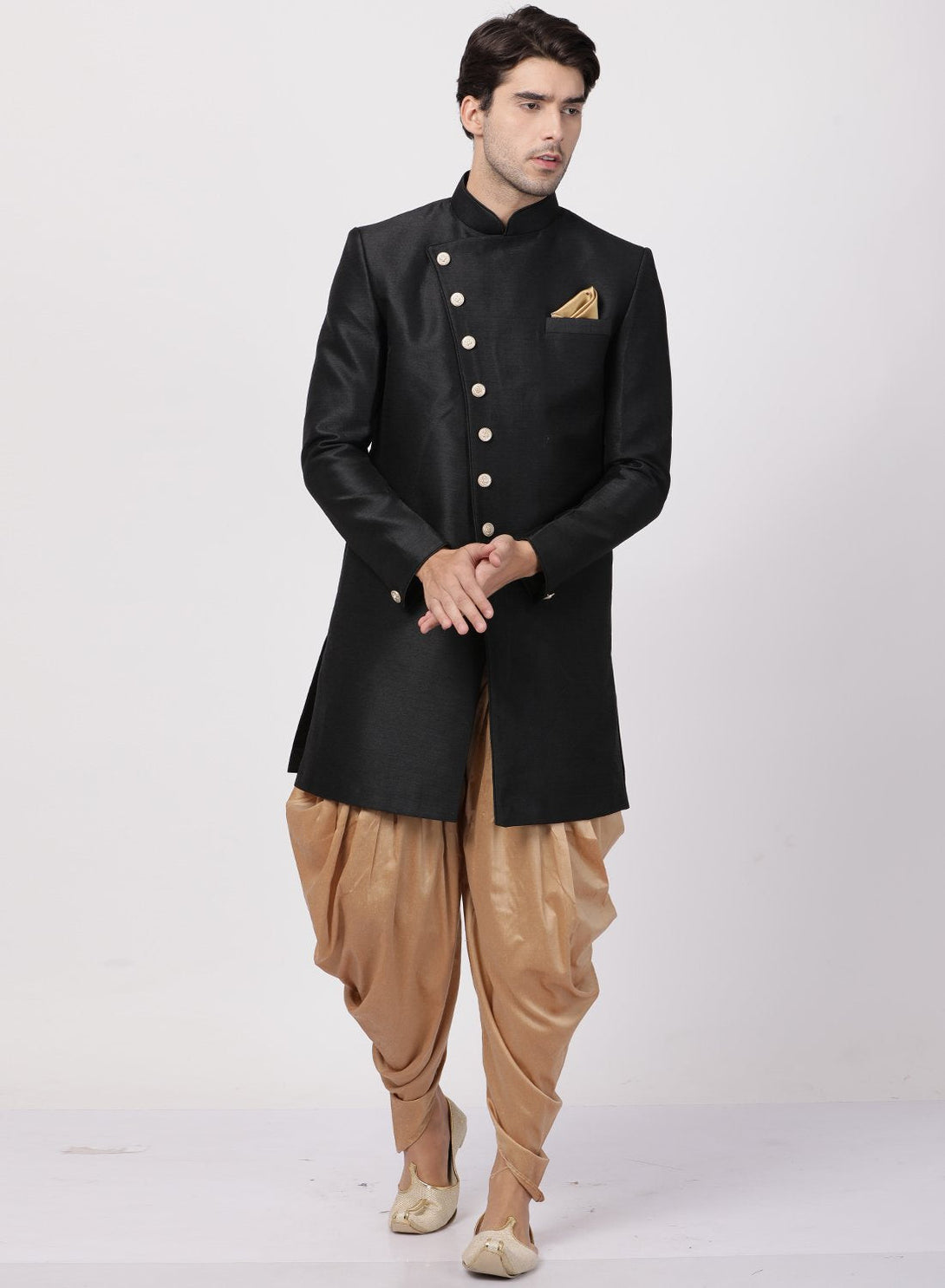 Men's Black Silk Blend Sherwani Set