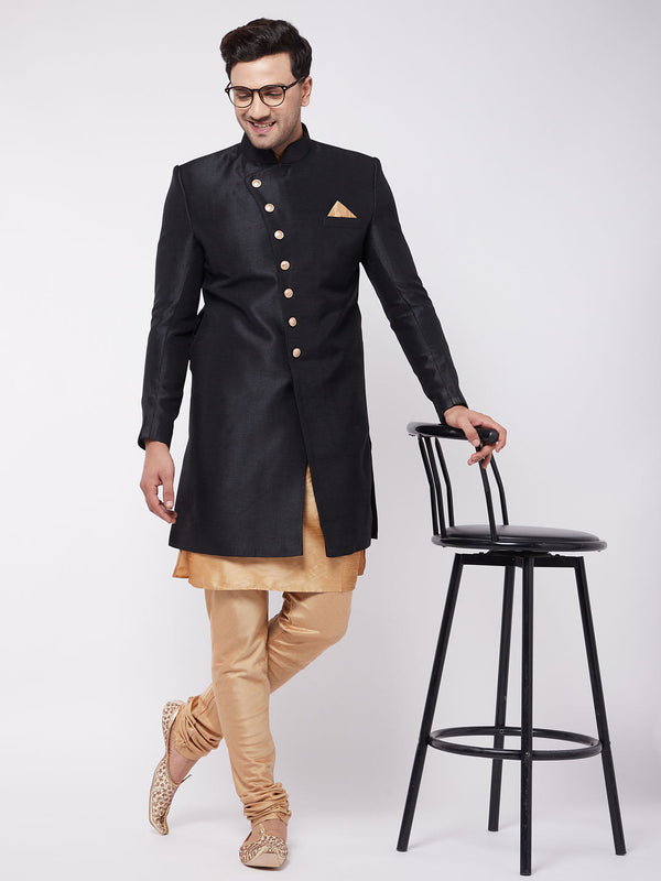 Jashvi Men's Black Angrakha Style Indo Western Over Rose Gold Kurta Pyjama Set