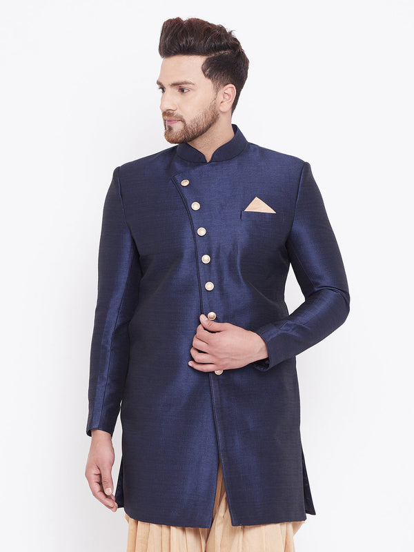 Jashvi Men's Navy Blue Silk Blend Sherwani Only Top