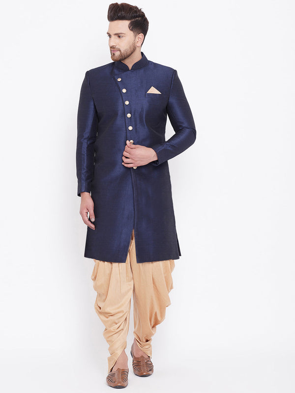 Jashvi Men's Navy Blue And Rose Gold Silk Blend Sherwani Set