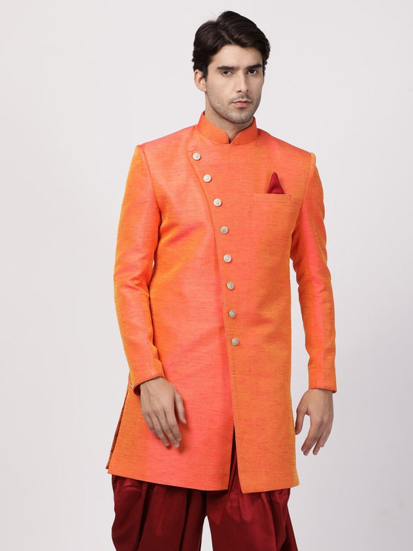 Men's Orange Silk Blend Sherwani Only Top - Vastramay